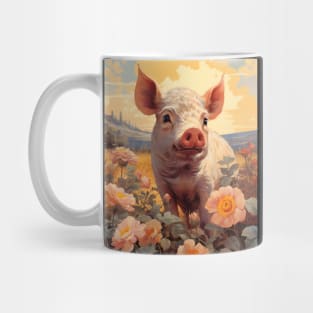 Retro Vintage Cute Pig in Field - Charming Artwork for Pig Lovers Mug